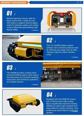 Cortadora de césped inteligente con control remoto, con batería de fosfato de hierro de litio (LiFePO4), tracción en las cuatro ruedas, ahorro de energía y respetuosa con el medio ambiente, y 3 horas de funcionamiento continuo.