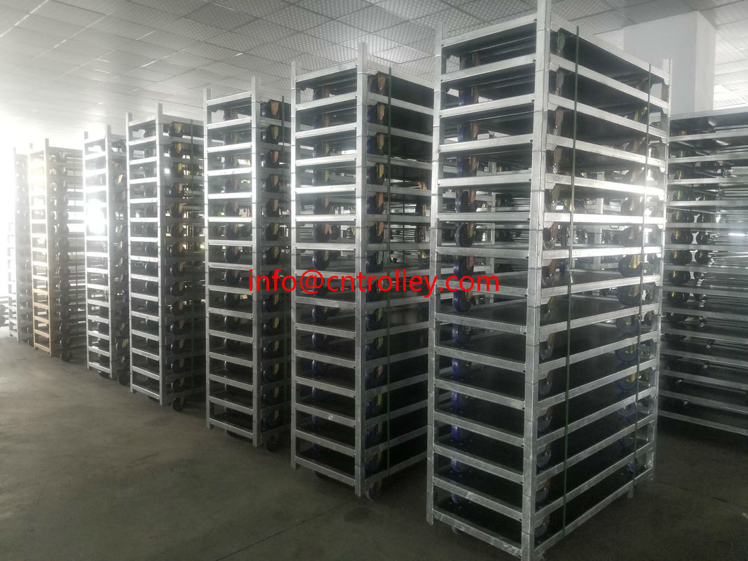 Carro de flores danés galvanizado en caliente con acabado de madera natural y capacidad de carga de 40 kg por estante para la manipulación comercial de flores